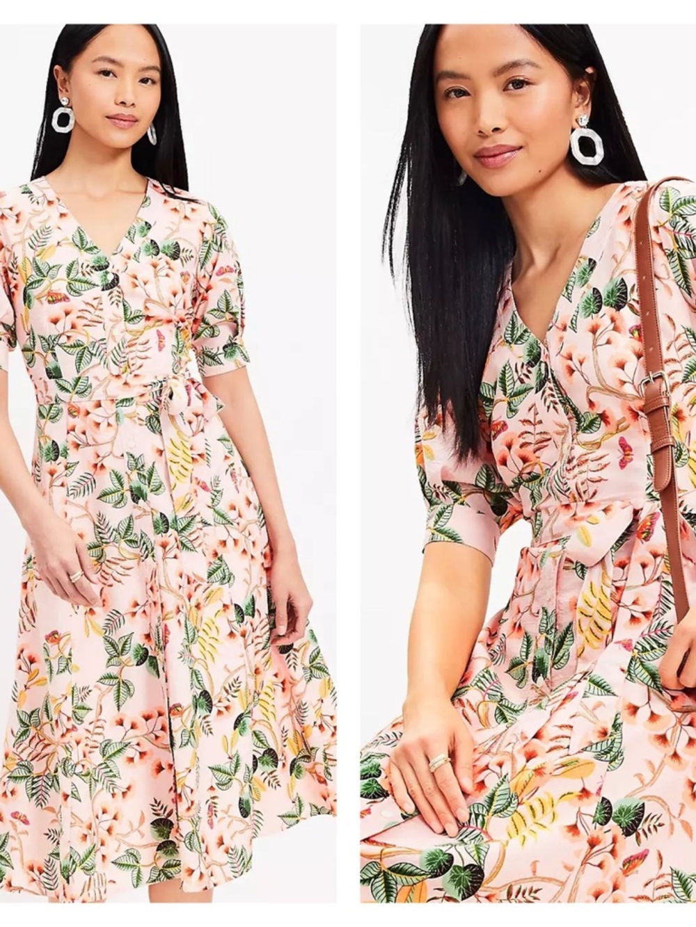 LOFT Pink Floral Wrap Midi Dress